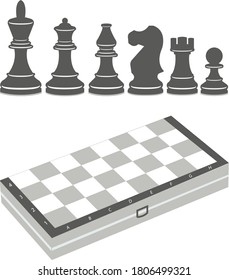 Chess pieces and chess box. Vector illustration on a white background.