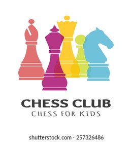 Chess pieces business sign & corporate identity template for Chess club or Chess school. Standard chess pieces vector icon set. Colorful chess vector illustration. Sample text. Editable. 