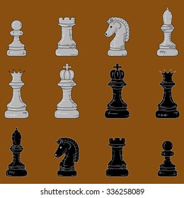 chess pieces with a chessboard isolated on a brown background. Doodle