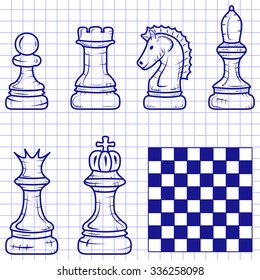 chess pieces with a chessboard isolated on a notebook sheet. Doodle