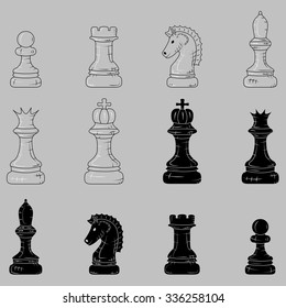 chess pieces with a chessboard isolated on a gray background. Doodle