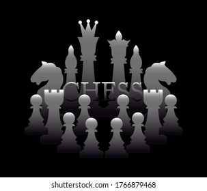 Chess pieces are collected in a composition. Vector illustration on a black background. Set for registration of advertising of a chess theme.