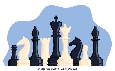 Chess pieces composition. Sports and intellectual game, strategy. Vector illustration