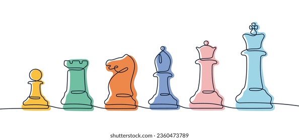 Chess pieces continuous line colourful vector illustration