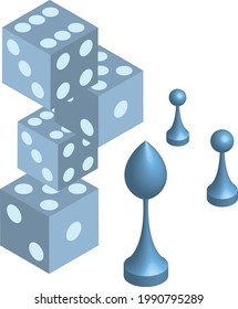 chess pieces and dice in isometric view on white background