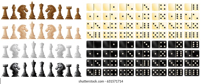 Chess pieces and domino in black and white illustration