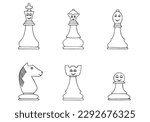Chess pieces in doodle style. Coloring book for children. Hand Drawn. Freehand drawing. Doodle. Sketch. Outline.