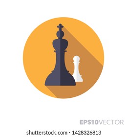 Chess pieces flat design round icon. Color symbol of strategy and contemplation. Long shadow vector illustration in a circle isolated on white background.