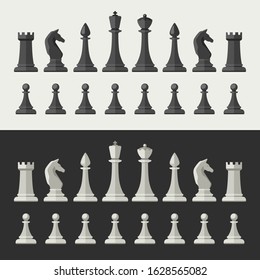 Chess pieces in flat style. Black and white chess icons.