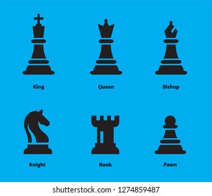 Chess Pieces Flat Vector Illustration. Six Objects Including King, Queen, Bishop, Knight, Rook, Pawn. Black Chess Icons Set.