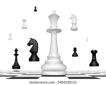 Chess pieces floating above the chess floor in perspective isolated on a white background. Conceptual vector illustration for poster or placard in 3D style