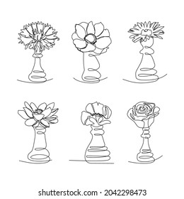 Chess pieces with flowers one line set art. Continuous line drawing of Pawn, Bishop, Knight, Rook, Queen, King with rose, lotus, chamomile, anemone, poppy.