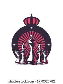 Chess pieces in front of seal stamp on white background