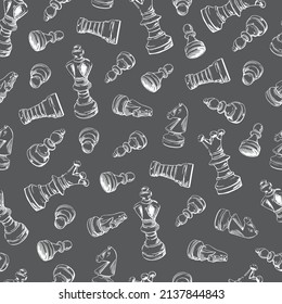 Chess pieces gray and white seamless pattern. Sketch. Vector hand-drawn background