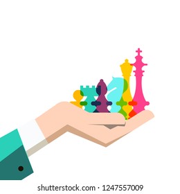Chess Pieces in Human Hand. Business Strategy Vector Illustration.