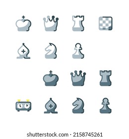 Chess pieces icon set with board and timer vector icons