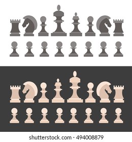 Chess Pieces Icon Set. Figures Black and White. Flat Design Style. Vector illustration.  Black and white Silhouettes of King Queen Rook Bishop Knight and pawn standart chesses.