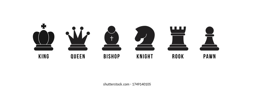 Chess pieces icon set. Included icon king, queen, bishop, knight, rook, pawn. Black silhouettes isolated on white background. Chess pictogram. Set of strategy icons in line style Vector symbols.