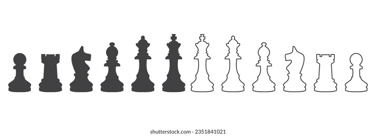 Chess pieces icon set. Included icon king, queen, bishop, knight, rook, pawn. linear isolated on white background. Chess pictogram. Set of chess icons in line style Vector symbols.