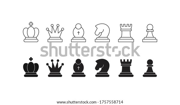 Chess\
pieces icon set. Included icon king, queen, bishop, knight, rook,\
pawn. Silhouettes isolated on white background. Chess pictogram.\
Set of strategy icons in line style Vector\
symbols.