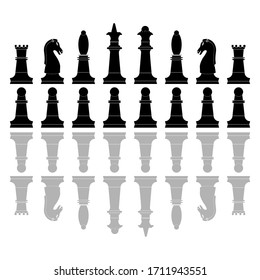 Chess pieces icons. Board game. Silhouette of knight, bishop, pawn, queen, rook and  king in black color. Black silhouettes of chess pieces isolated on white background. Vector 