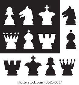Chess pieces, icons set, black and white figures, vector illustration.