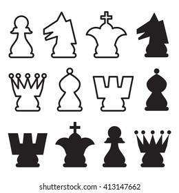 Chess pieces, icons set, black and white figures, vector illustration.