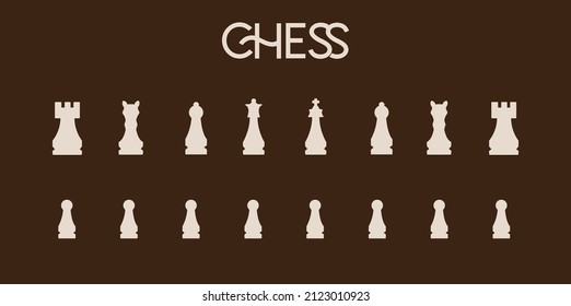 Chess pieces icons set vector beige isolated on brown background.