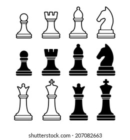 Chess Pieces Including King Queen Rook Pawn Knight and Bishop. Vector Illustration Icons Set