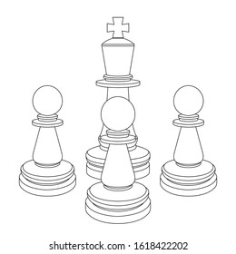 Chess pieces. King and pawns. Outline drawings. Vector illustration isolated on white background