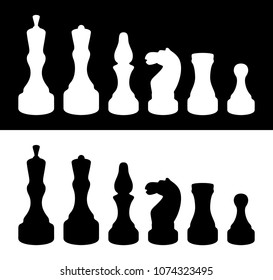 Chess pieces. King, queen, bishop, rook, knight and pawn. Black and white chess figure silhouettes.
