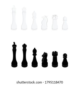 Chess pieces king queen bishop knight rook pawn isometric view vector icon set. Chess figures black and white. Team with chess pieces illustration