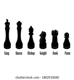 Chess pieces king queen bishop knight rook pawn isometric view vector icon set. Black chess figures. Vector illustration