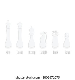 Chess pieces king queen bishop knight rook pawn isometric view vector icon set. White chess figures. Vector illustration