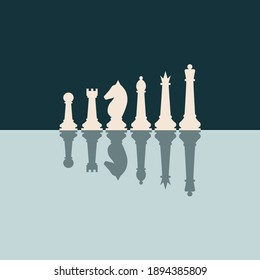 Chess pieces king queen bishop knight rook pawn flat vector icons set. Chess figures black and white.vector pieces illustration. Reflection of chess in the mirror.