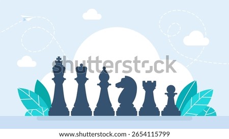 Chess pieces. King, queen, bishop, pawn, horse, knight, rook. Icons set. Board game. Black silhouettes. Outline set of chess icon for web design isolated on white background. Vector illustration