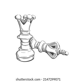 Chess pieces king and queen drawn in sketch style. Elements of the game. Vector hand-drawn illustration.