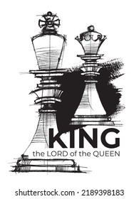 Chess. Chess pieces King and Queen. Game. Line drawing of chess