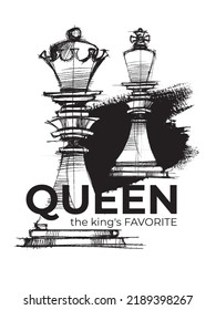Chess. Chess pieces King and Queen. Game. Line drawing of chess