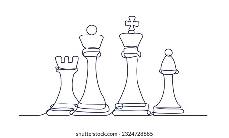 Chess pieces line concept. Minimalist creativity and art. Intellectual game, tournament and competitions. Pawn, king and rook. Linear flat vector illustration isolated on white background