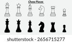 Chess Pieces Line Icon Set – Minimalist Vector Icons of King, Queen, Bishop, Knight, Rook, Pawn in Clean Outline Style for Game UI or Print