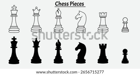 Chess Pieces Line Icon Set – Minimalist Vector Icons of King, Queen, Bishop, Knight, Rook, Pawn in Clean Outline Style for Game UI or Print