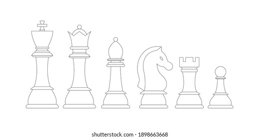 Chess pieces line vector icon set isolated on white background.  Lineart chess figures - king, queen, bishop, knight, rook, pawn strategic game disign elements. Flat design cartoon style illustration