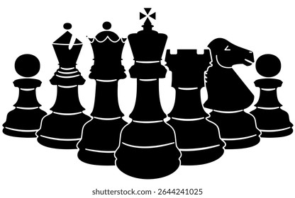 Chess pieces lined up in order of importance with the king at the front isolated on a white background