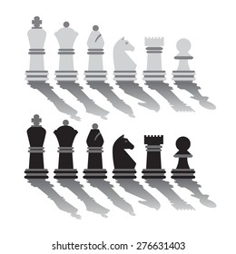 Chess pieces with long shadows, isolated on white background. Black and white vector illustration.