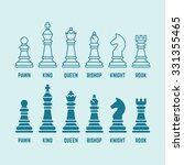 Chess pieces with named set of vector outline and silhouette icons (king, queen, bishop, rook, knight, pawn)