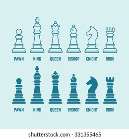 Chess pieces with named set of vector outline and silhouette icons (king, queen, bishop, rook, knight, pawn)