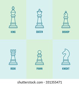 Chess pieces with named vector outline icons (king, queen, bishop, rook, knight, pawn)