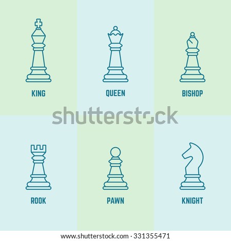 Chess pieces with named vector outline icons (king, queen, bishop, rook, knight, pawn)