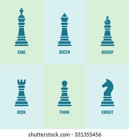 Chess pieces with named vector silhouette icons (king, queen, bishop, rook, knight, pawn)